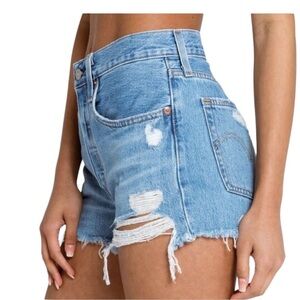 Levi’s 501 denim Buttonfly denim shorts. High-rise, intentionally, distressed.